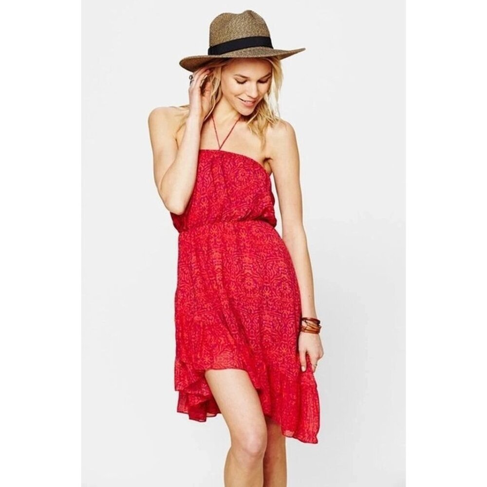 FREE PEOPLE Safari Mango Ruffled Boho Halter Dress Pink Purple Sz XS Boho‎
